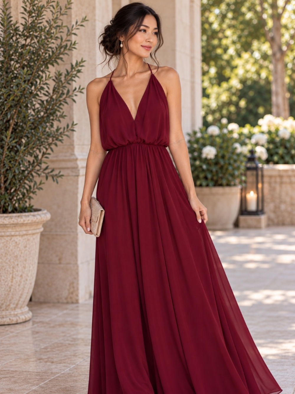 NWT Levkoff Burgundy/Wine Chiffon Halter Maxi Bridesmaid Dress
